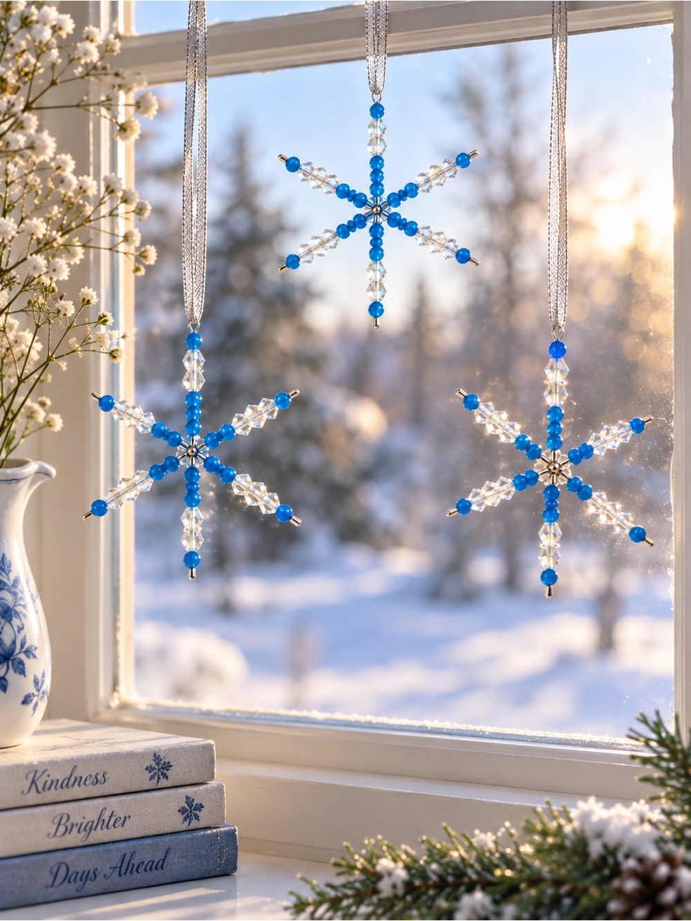 Snowflake Christmas Tree Ornaments Window Charms Set of 3 Handmade